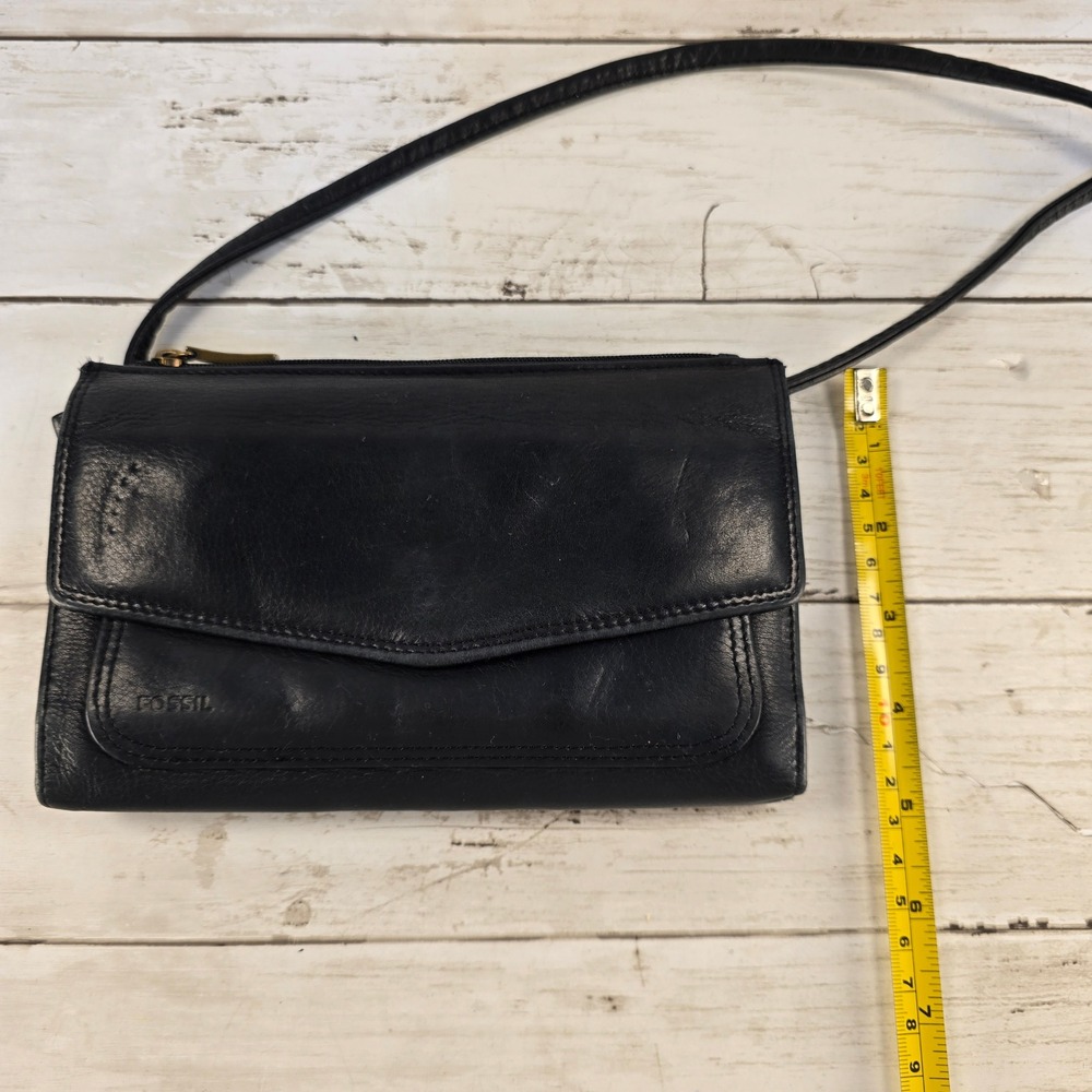 VTG Fossil Blk Leather Wallet Crossbody Bag Organizer Clutch Snap Closure Brass‎